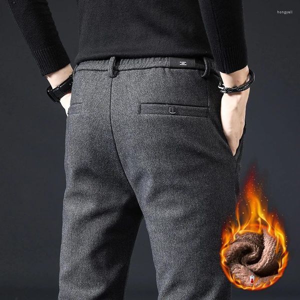 Herrenhose, Winter, Fleece, warm, lässig, für Herren, gebürsteter Stoff, Business, Arbeit, modisch, schlank, dick, beflockt, Samt, Baumwolle, schwarze Hose, männlich