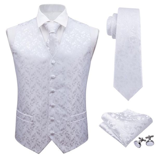 Gilet da uomo BarryWang Classico bianco floreale Jacquard Gilet di seta Fazzoletto Festa nuziale Cravatta Gilet Completo Fazzoletto da taschino Set 221112735