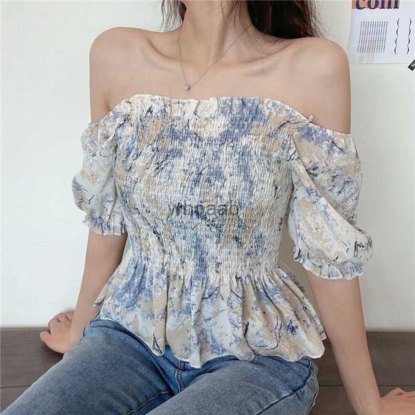 Camicette da donna Camicie 2023 Estate Donna Cute Crop Top Manica a sbuffo Camicia floreale tinta in massa Manica corta Camicetta peplo con spalle scoperte Chemise Blusa Mujer YQ231016