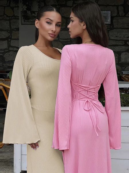 Abiti larghi lavorati a maglia in misto lana da donna per le donne Abito autunno con scollo a U a maniche lunghe e fasciatura Elegante streetwear Vacanza Rosa Beige Marrone 231016