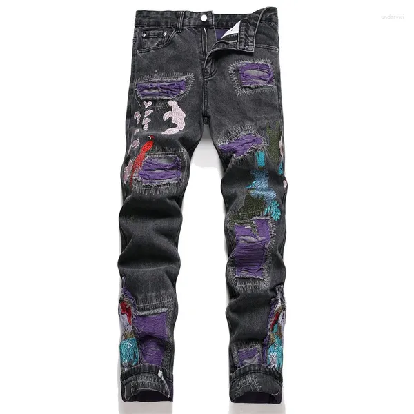 Jeans masculinos estilo punk preto rasgado remendo cintura média calças finas hip hop roupas de moda