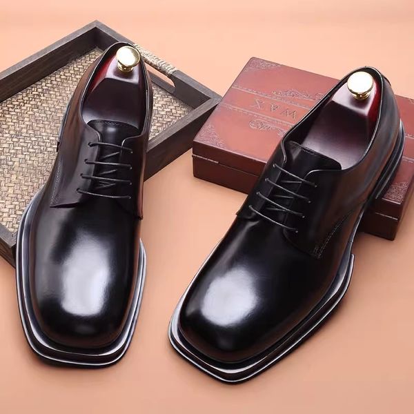 Retro homem vestido sapatos designer de dedo do pé quadrado masculino elevador couro sapatos de negócios couro genuíno derby oxfords