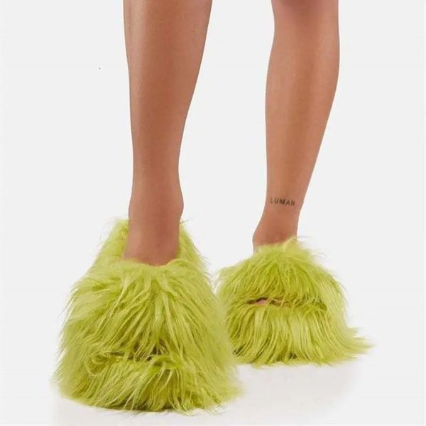 Chinelos Mulheres Inverno Chinelos De Pelúcia Flat Open Toe Faux Fur Slides Y2K Furry Mongolian Fur Flip Flops Casa Quente Não-Slip Senhoras Sapatos 231013