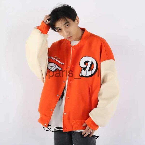 Jaquetas masculinas Hip Hop University Jaqueta Masculina Carta Bordada Patch Work College Bomber Jaqueta Feminina Harajuku Jaqueta de Beisebol Laranja 2023 x1016