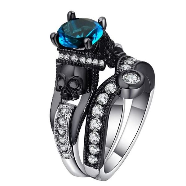 Hainon 2 peças conjuntos de anéis de caveira femininos homens joias punk charme preto cor prateada redondo zircônia cúbica cluster anéis 230k