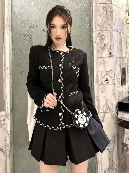 Damenjacken, hochwertiger Kaschmir-Mantel im Old-Money-Stil, kleiner Duftmantel, kurzer schwarzer Tweed, maßgeschneidertes Cardigan-Top, exquisit