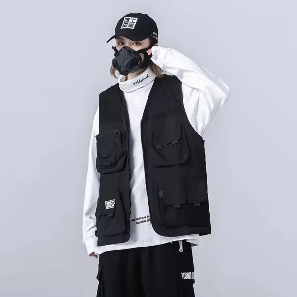 Männer Westen 2023 Fracht Streetwear Hip Hop Stil Paar College Lose Zipper Schwarz Ärmellose Jacke V-ausschnitt