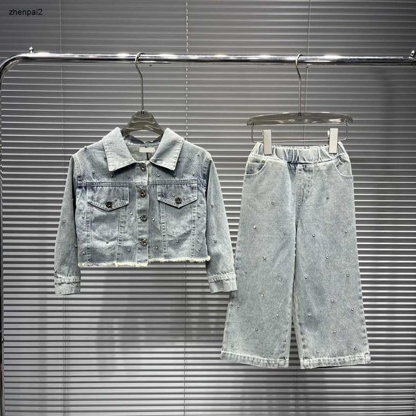 Lüks Kids Denim Takimler Kız Boyutu için Sonbahar Takımları 100-160 cm 2pcs Sıcak elmas polo yaka denim ceket ve geniş bacak kot sep10