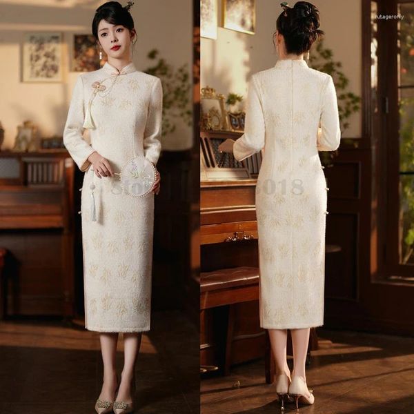 Roupas étnicas Mink Cabelo Outono Inverno Meninas Cheongsam Longo Suave Luz Cor Qipao Sexy Vintage Elegante Alta Divisão Manga Vestido Chinês