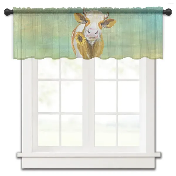 Cortina de vaca girassol curta transparente janela tule cortinas para cozinha quarto decoração de casa pequenas cortinas de voile