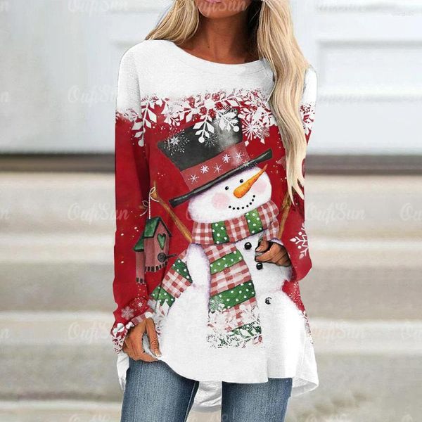 Magliette da donna T-shirt in cotone Pupazzo di neve di Natale Abiti stampati per donna Autunno Inverno Maglione a O collo Pullover oversize da festival