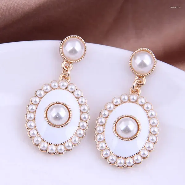 Baumeln Ohrringe Luxus Mode Oval Perle Emaille Mädchen Frauen Süße OL Tropfen Ohrring Ohr Schmuck