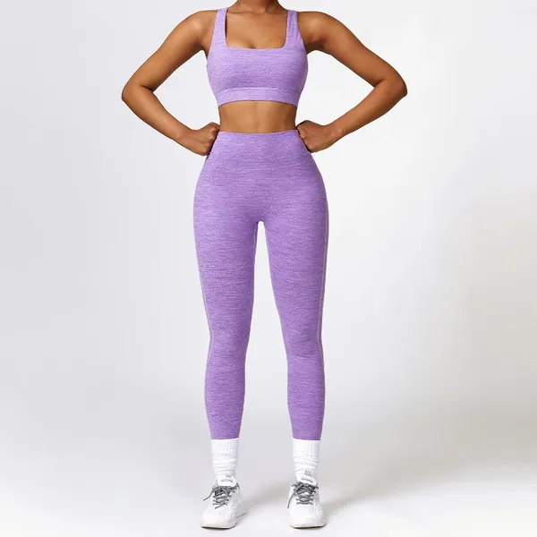 Set attivi Set da palestra Donna Push Up Completo sportivo per donna Abbigliamento sportivo Reggiseno sportivo in lycra Leggings Abbigliamento in due pezzi Viola