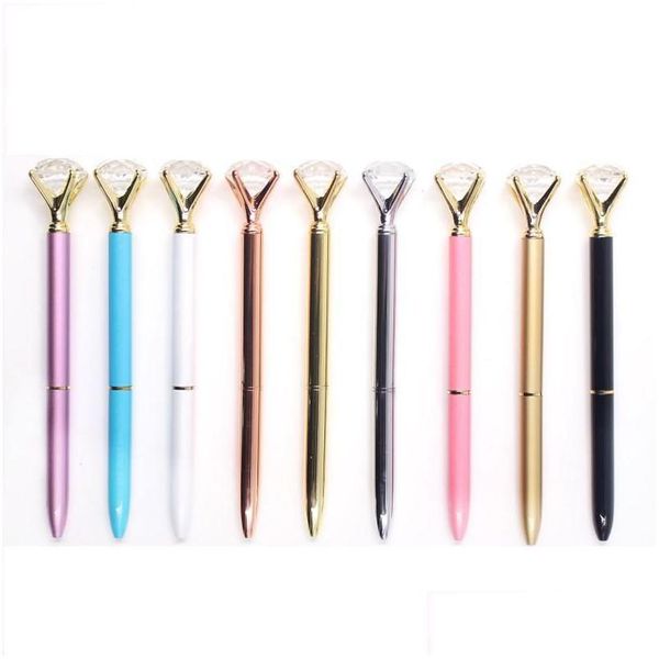 Penne a sfera all'ingrosso Big Carat Diamond Crystal Pen Gemma Anello a sfera Matrimonio Ufficio Metal Roller Ball Oro rosa Sier Pink Office Dhqjb