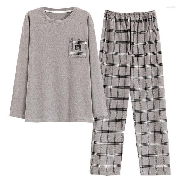 Pijamas masculinos L-5XL primavera e outono de malha algodão xadrez pijamas conjunto homens manga longa casual pijama macio masculino roupas de casa