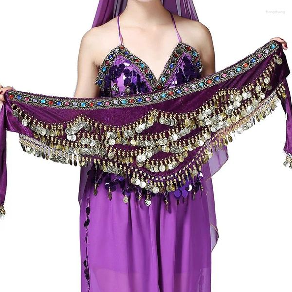 Accessori per gonna con sciarpa per anca di danza del ventre da donna, con monete d'oro ondulate, cintura avvolgente in velluto da ballo egiziano