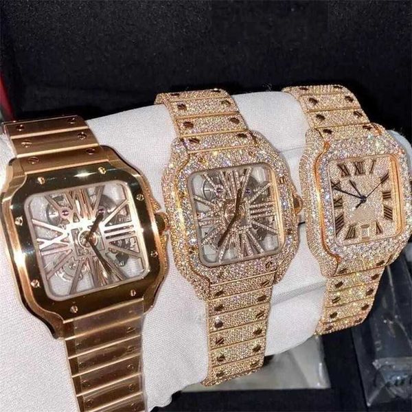 Herren/Damenuhr Iced Armbanduhren Quadratisches Gehäuse Herren Luxus Out Golden Color Diamond L 2JG8