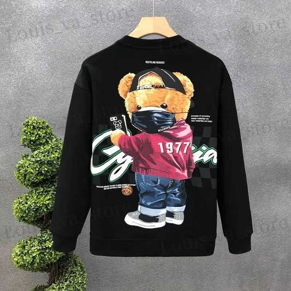 Erkek Hoodies Sweatshirts Sonbahar Erkekler Pamuk Sweatshirt Japonya Erkek Serin Ayı Uzun Kollu Üst Yüksek Kaliteli Beyaz Tişört O yaka tişört Erkekler Giyim Yeni T231016