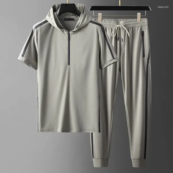 Tute da uomo Minglu Set casual sportivi con cappuccio (pantaloni T-shirt) Manica corta estiva Stampata in gomma Abiti maschili Pantaloni da uomo in vita elastica 5XL