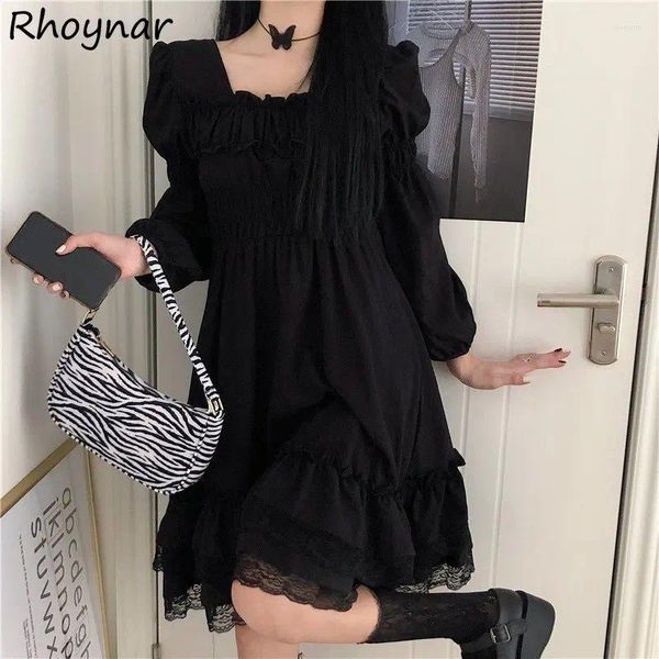 Vestidos casuais preto vestido de renda mulheres lolita estilo francês streetwear colarinho quadrado temperamento y2k roupas outono vintage moda vestidos adolescentes