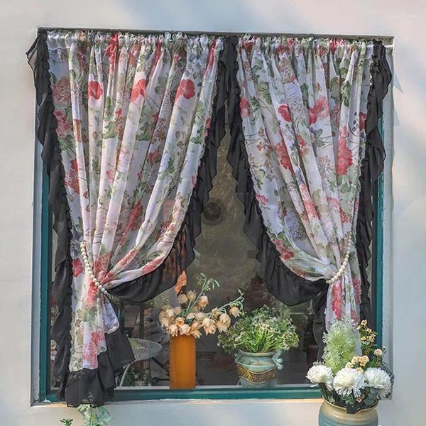 Cortina 2 pçs vermelho floral pura cortinas curtas para café cozinha el vintage preto branco babados rendas gasto delicado valance tier cortinas