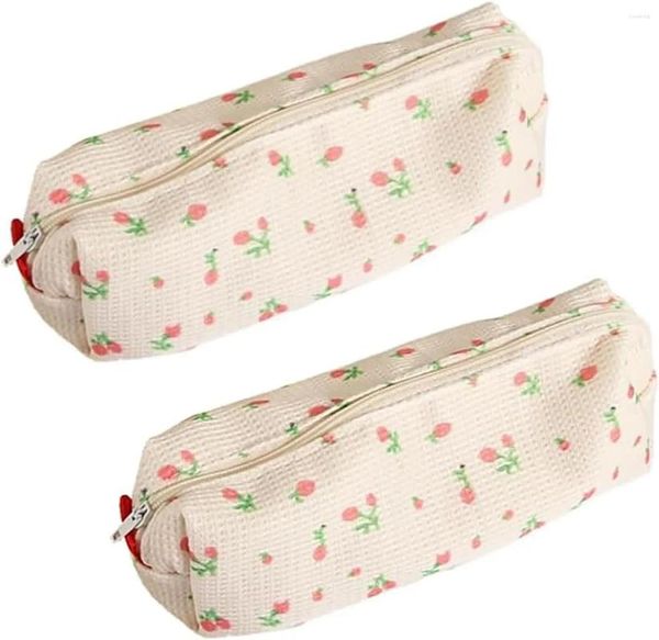 Sacos cosméticos 2 pcs morangos rosa mulheres estilo fresco saco de lápis flor floral lona grande caneta bolsa caso titular moeda
