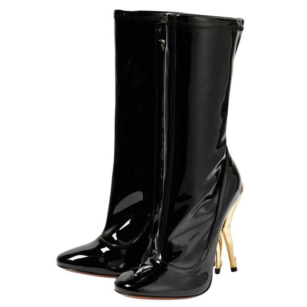 Damen Neue Lackleder Schwarz Show Unregelmäßige High Heel Knielange Damenstiefel Mode Runder Kopf Seitlicher Reißverschluss Partystiefel