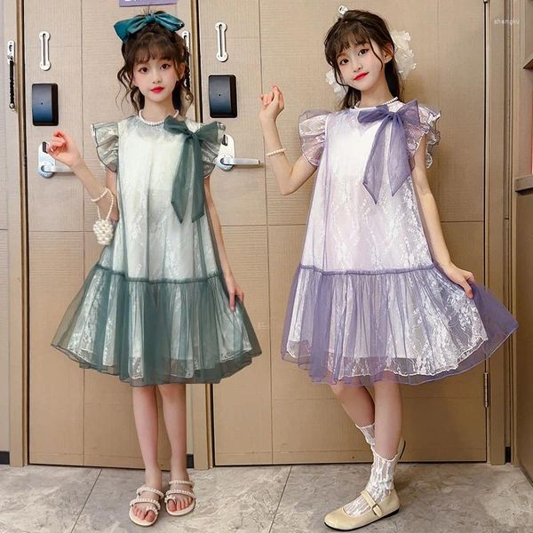 Vestidos de menina vestido de meninas 2023 bowtie roxo princesa grande arco bebê gaze brilhante para 4 6 7 9 11 anos