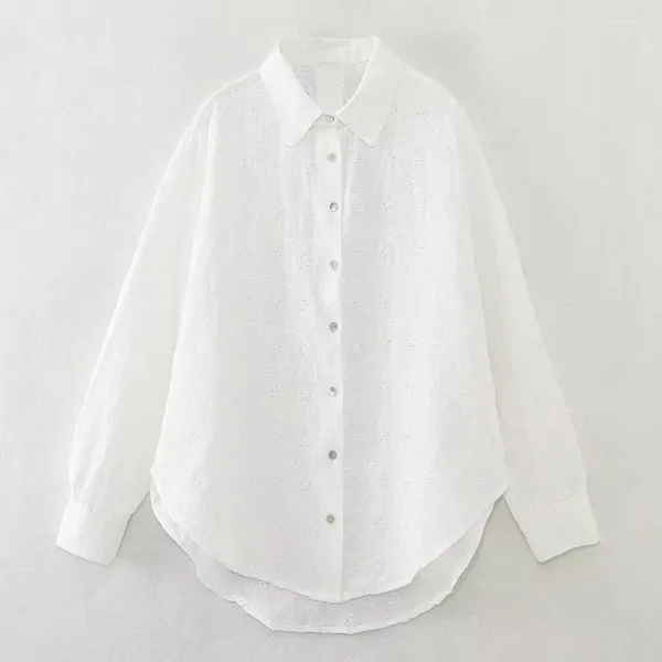 Blusas femininas maxdutti 2023 outono francês elegante camisa de algodão senhoras bordado oco branco casual blusa de manga comprida topo feminino