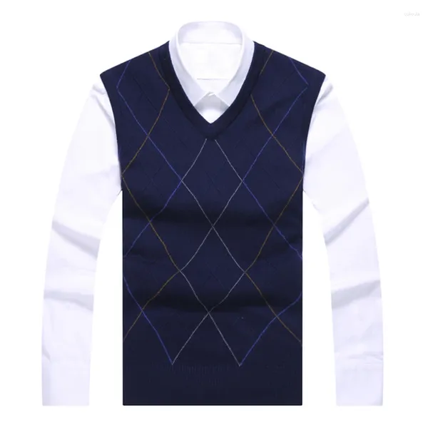 Gilet da uomo senza maniche pullover da uomo maglione gilet lavorato a maglia canotta scollo a V tessuto misto lana scozzese casual di colore rosso