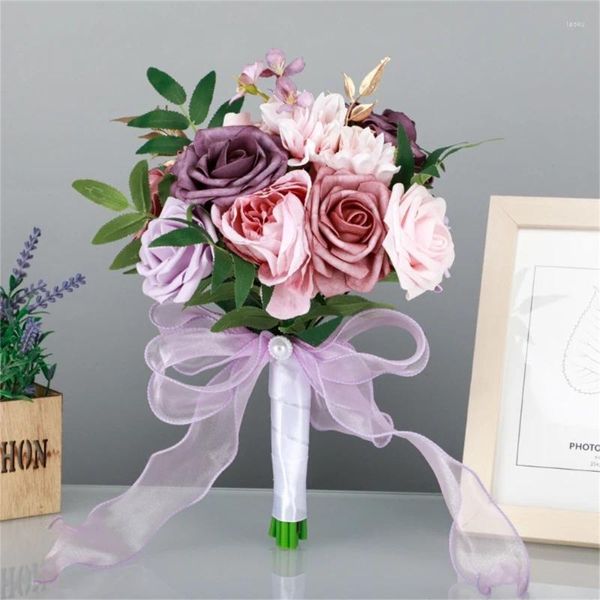 Dekorative Blumen Brautstrauß für Hochzeit Künstliche Seide Rose Blume Braut Mariage Romantische Party Dekor Y5GB