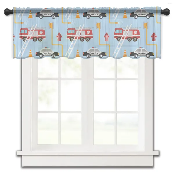Cortina de brinquedo carro caminhão bombeiros curto transparente janela tule cortinas para cozinha quarto decoração casa pequena voile