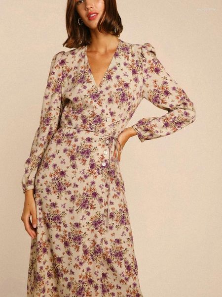 Sıradan Elbiseler Sonbahar 2023 Basılı V Yastık Uzun Kollu Orta Tie Elbise Molası Vintage Tasarım Peplum Kadın Y2K