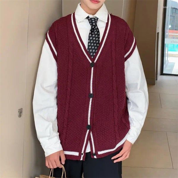 Coletes masculinos Japão Retro V-Pescoço Colete Homens Mulheres Trendy Preppy Oversize Sem Mangas Camisola Casais Listras Vintage Malha A70