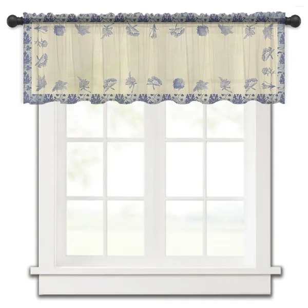 Занавеска синий, белый фарфоровый цветок вуаль для спальни короткие оконные шифоновые шторы для кухни домашний декор маленькие тюлевые шторы