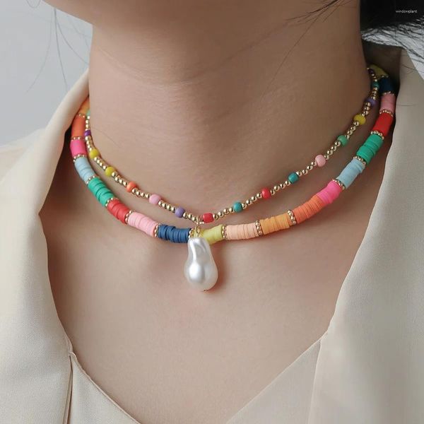 Collane con ciondolo Perle di riso in ceramica morbida colorata bohémien Collana di perle imitazione per donne Accessori di gioielli multistrato