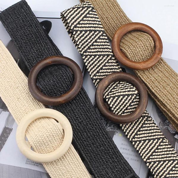 Cinture 1 PC Cintura elastica intrecciata larga da donna Cintura rotonda in bambù con fibbia in paglia finta per abito in legno di giada Cintura moda casual
