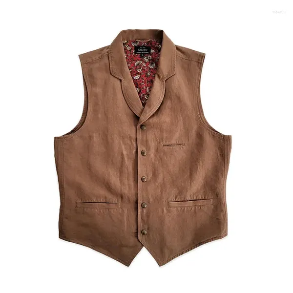 Gilet da uomo Gilet Colletto in lino Cotone Marrone Giacca senza maniche stile elegante da uomo Gilet vintage