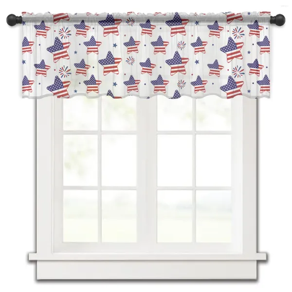 Cortina bandeira dia americano quarto voile janela curta cortinas de chiffon para cozinha decoração de casa pequenas cortinas de tule