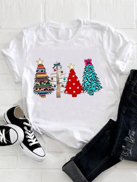 Женские футболки с рождественской елкой, сладкие модные женские футболки 90-х годов с графическим принтом, одежда с годовым принтом, футболка с короткими рукавами