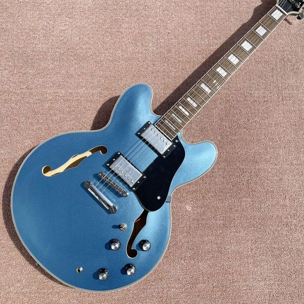 Metal Blue Hollow Jazz 335 Elektro gitar, krom donanım, gül ağacı klavye, ücretsiz gönderim