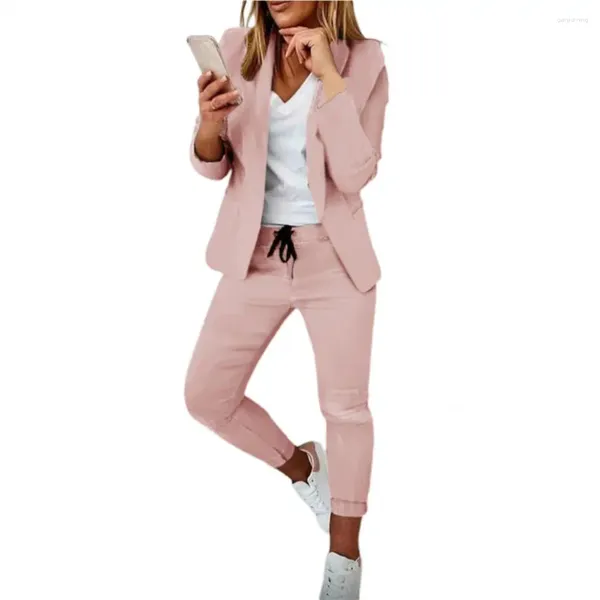 Calças femininas de duas peças 1 conjunto senhoras terno manga regular cor pura magro elegante ponto aberto blazer calças para escritório