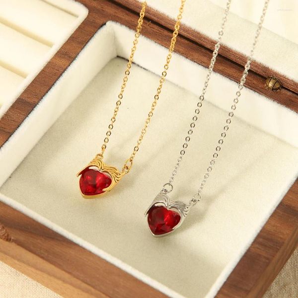 Anhänger Halsketten Ins Trendy 18 Karat vergoldeter Edelstahl Vintage Scarlet Zirkonia Herz Halskette für Frauen Wasserdichtes Halsband