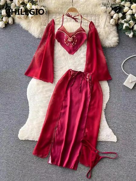 Vestidos de trabalho Chillgio Mulheres Floral Imprimir Saia Ternos Moda Vintage 4 Peças Roupas Íntimas Doce Exótico Transparente Sexy Pijama Conjunto