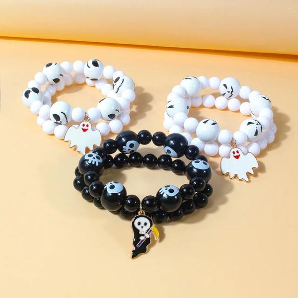 Charme Pulseiras 2 Pcs Corda Elástica De Madeira Frisada Pulseira De Halloween Liga Fantasma Horror Abóbora Encantos Com Grânulos Rotativos Para Mulheres Jóias