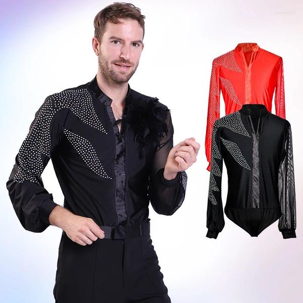 Abbigliamento da palco Uomo Ballo latino Pizzo Nero e rosso Abbigliamento Valzer Ballroom Performance Camicie uomo Cha