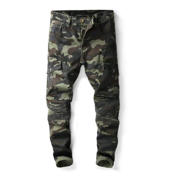 Mens Camuflagem Dobra Jeans Skinny Designer de Moda Bolso Painéis Causais Camo Stretch Denim Calças Hip Hop Calças 278g