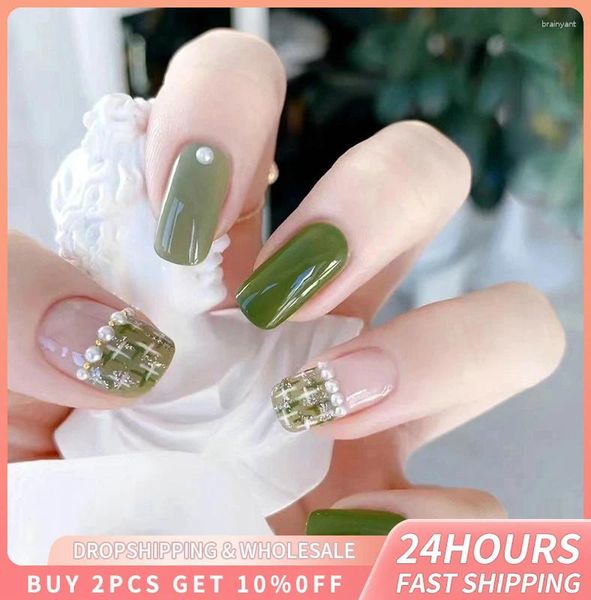 Unhas Falsas 24 pcs Pérola Diamante Falso Estilos Franceses Acabados Unhas Cobertura Completa Imprensa em Dicas de Unhas Frescas Verdes Decoração DIY