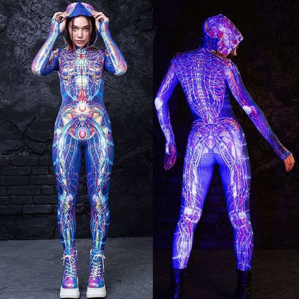 Adulto traje de halloween meridiano humano impresso macacão com capuz festa de carnaval roupas de uma peça aterrorizar cosplay traje fantasma