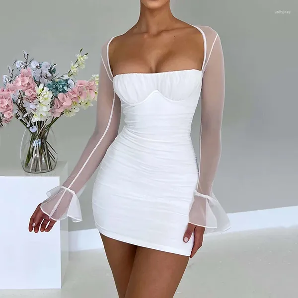 Vestidos casuais mulheres sexy bodycon branco vestido puff manga para cocktail festa de noite simples e elegante formal mini feriado de aniversário